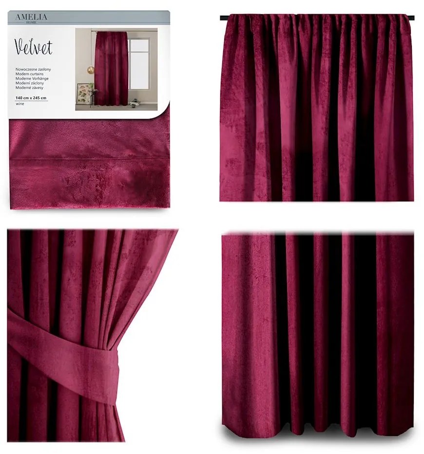 Závěs Amelia Home Velvet s řasící páskou vínově červený