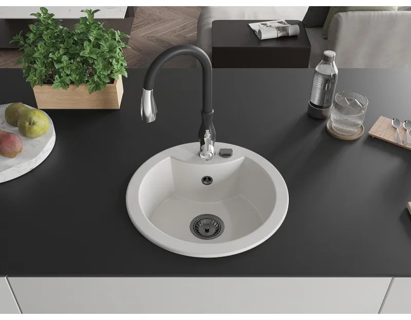 Mexen Diego, 1-komorový granitový drez 488x488x167 mm a drezová batéria Savita, biela, 6512-20-672601-70