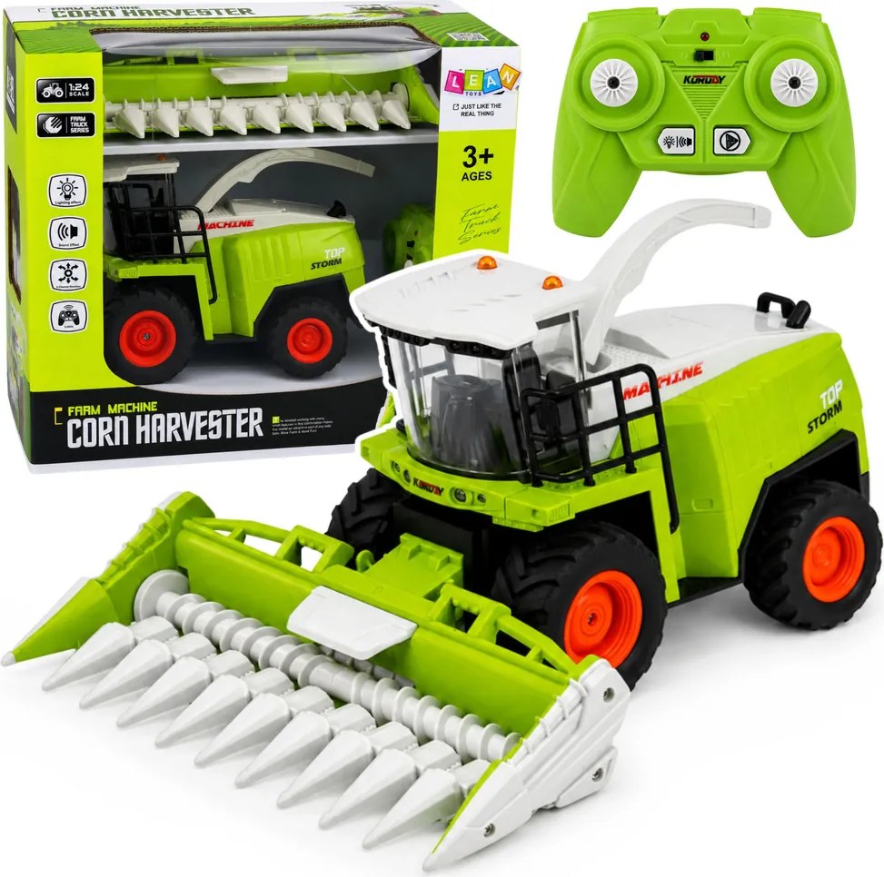 LEAN Toys Kombajn s rezačkou na kukuricu, diaľkovo ovládaný RC, svetlá a zvuky, mierka 1:24