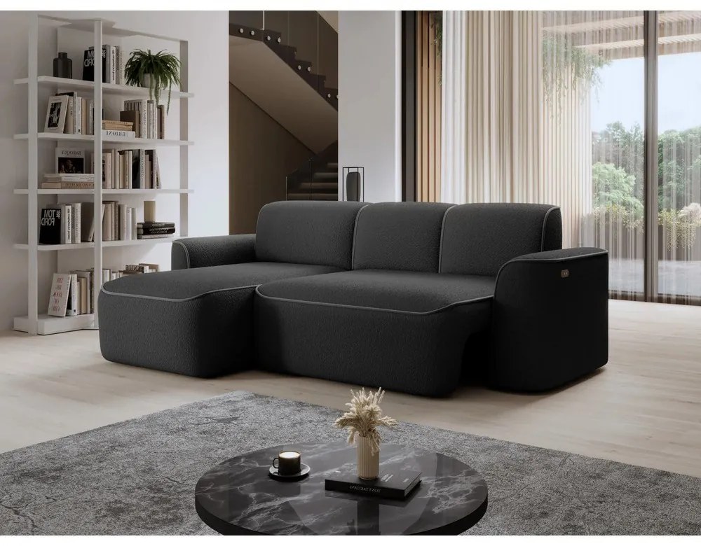 Tmavosivá rohová pohovka z textílie buklé (ľavý roh/s leňoškou) Ume – ELTAP