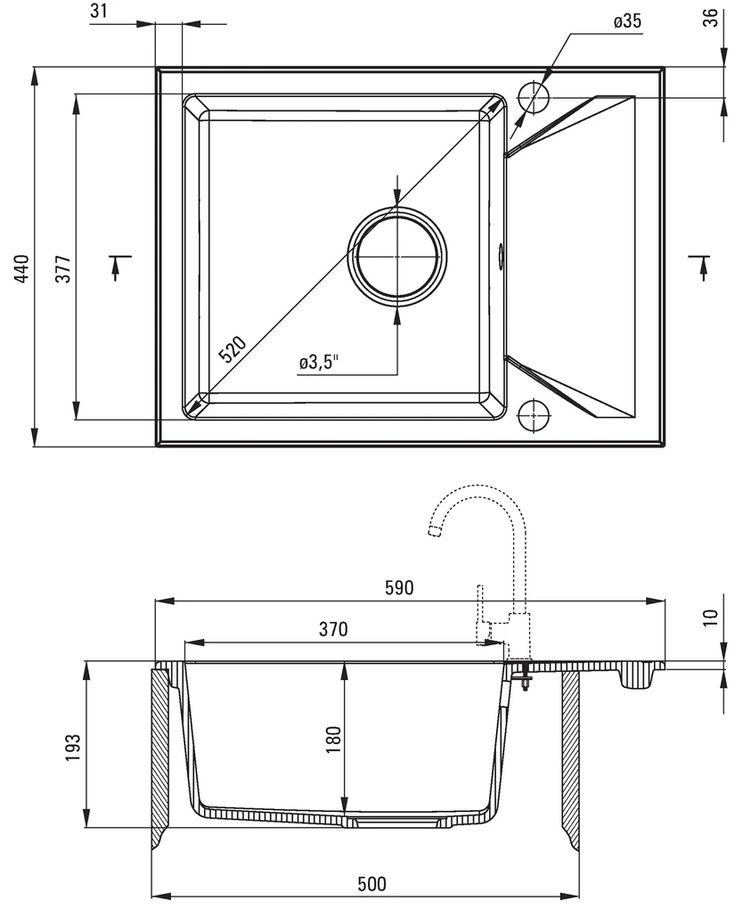 Deante Evora, granitový drez na dosku 590x440x193 mm Z/KO, 3,5" + priestorovo úsporný sifón, 1-komorový, grafitová metalíza, ZQJ_G11A