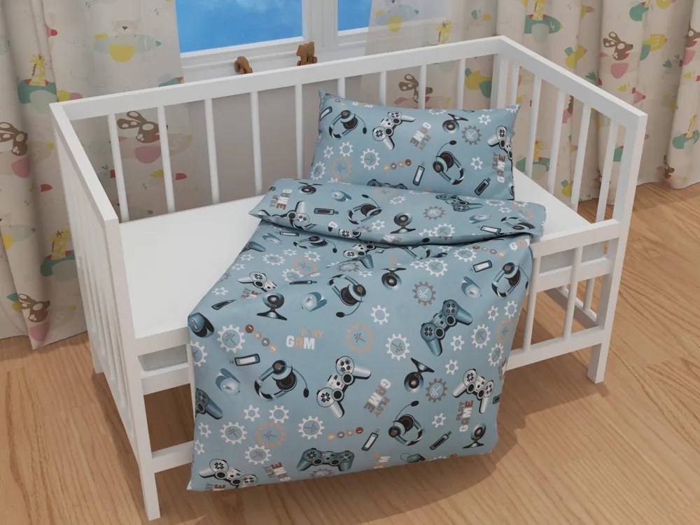 Biante Detské bavlnené posteľné obliečky do postieľky Sandra SA-588 Play Game na modrom Do postieľky 100x135 a 40x60 cm