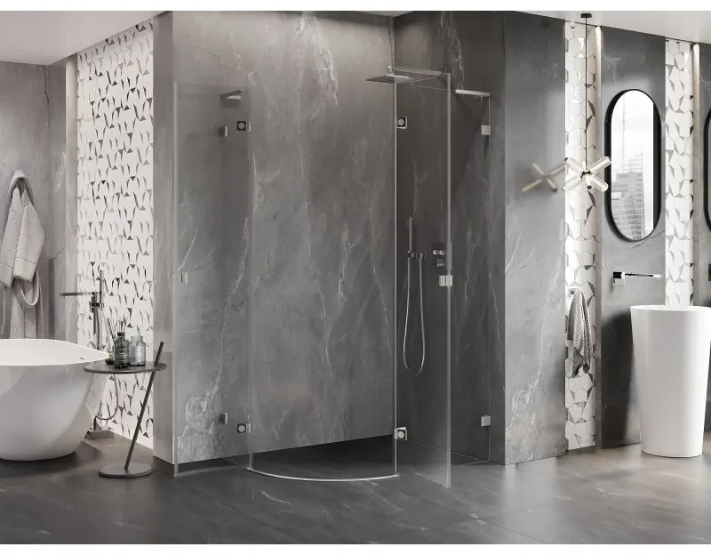 Mexen Lunar, L pravý polkruhový sprchový kút 90 x 80 cm, 8mm číre sklo, oceľový profil, 833L-090P-080L-97-00