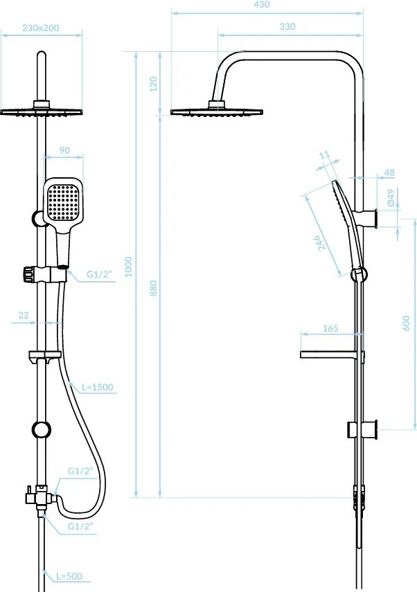 Kuchinox BORGO, sprchový stĺp s hlavovou a ručnou sprchovou hlavicou 100cm, chrómová, LAV-PKG_00KX
