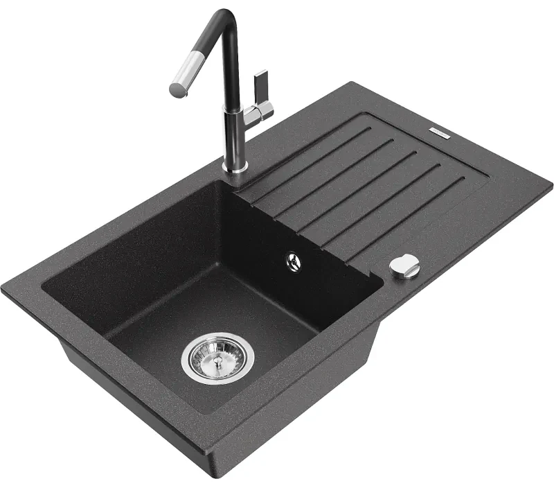Mexen Pablo, 1-komorový granitový drez 752x436x161 mm a drezová batéria Flora, čierna škvrnitá, 6510-76-670401-07