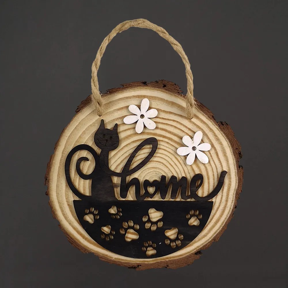 AMADEA Dekorácia s kôrou na zavesenie s textom Home a mačkou 15 cm, český výrobok