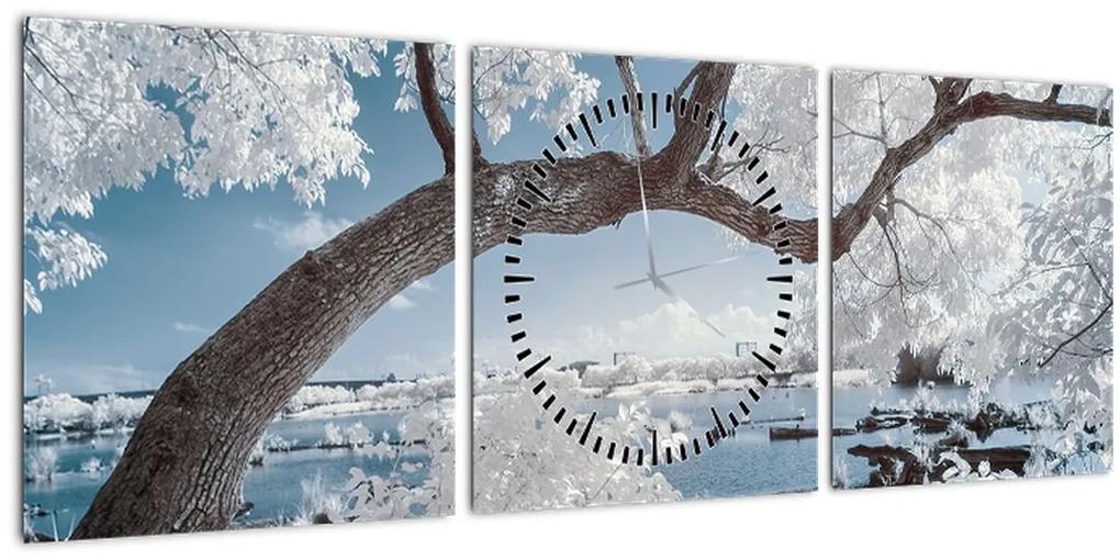 Obraz zasneženého stromu pri vode (s hodinami) (90x30 cm)
