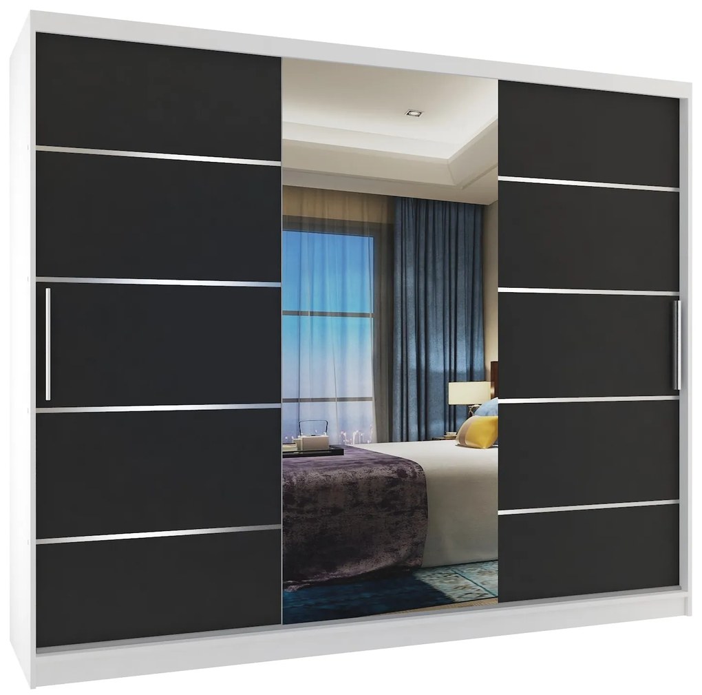 Šatníková skriňa 232 cm Belini biely mat/ čierny  mat s posuvnými dverami zrkadlom a zásuvkami  MBP SZP8/0/1W/2B1L/0/KLAL