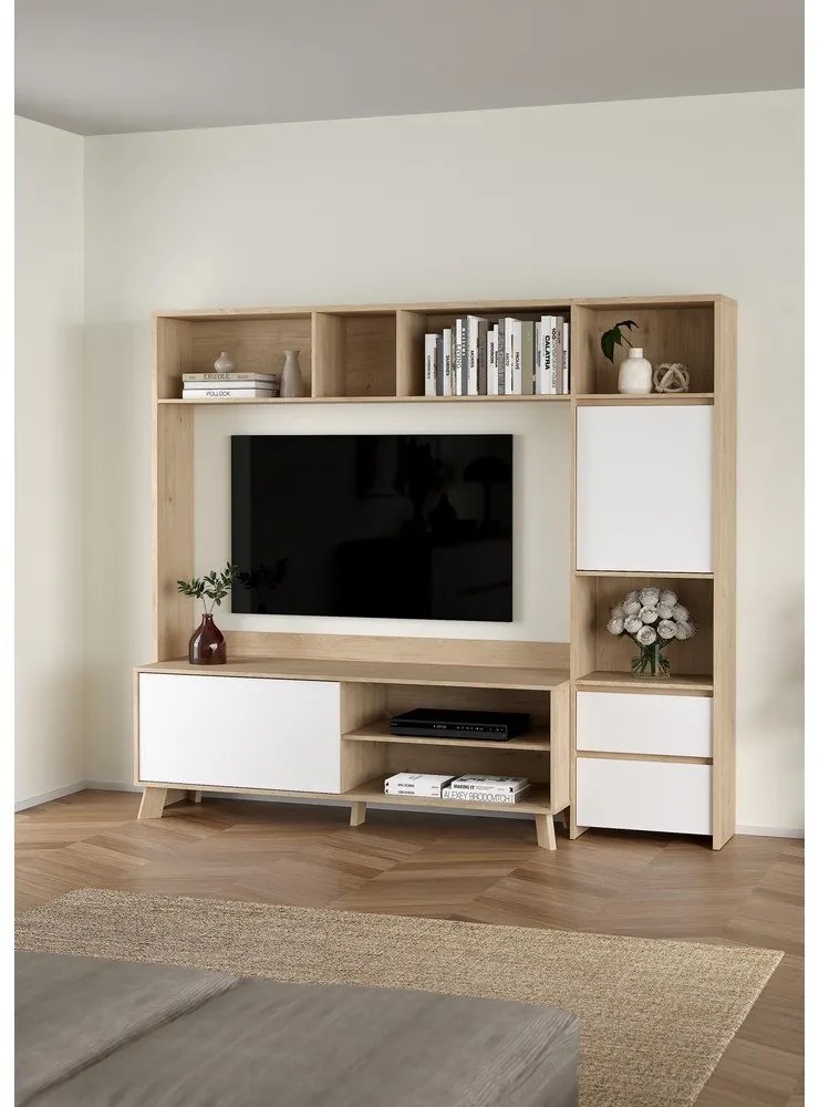 Biela/v prírodnej farbe TV zostava v dekore duba 209x183x48 cm Next – Tvilum