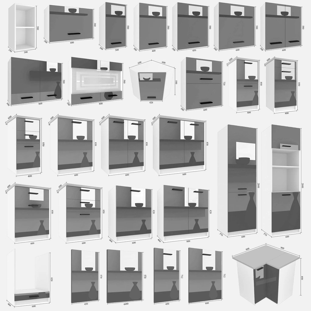 Kuchynská linka Belini 420 cm šedý lesk s pracovnou doskou Uniqaplus INF UNIQAPLUS/5/WT/S/0/B1