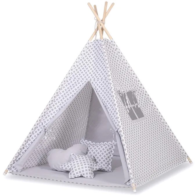 Bobono Stan Teepee pre deti + ozdobné perie - vzor šedý kríž