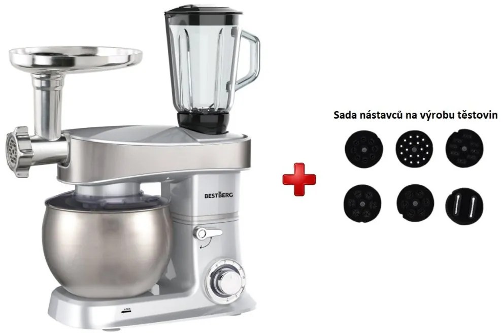 MEGAKOMBO BestBerg BBR-2000S multifunkčný kuchynský robot s nástavcami na cestoviny + 15-dielna sada hrncov a panvíc s nepriľnavým povrchom z nehrdzavejúcej ocele BestBerg BBSC-15 / strieborná