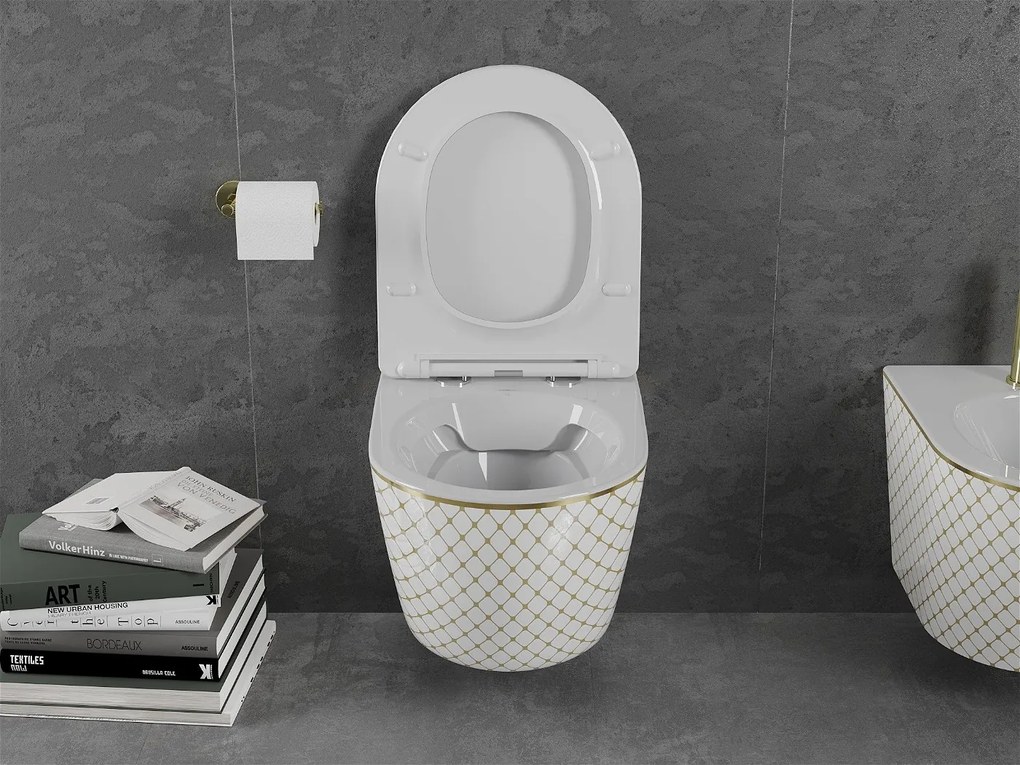 Mexen Lena, závesná toaletná misa 480x360x355 mm, biela - zlatý vzor, 30224009