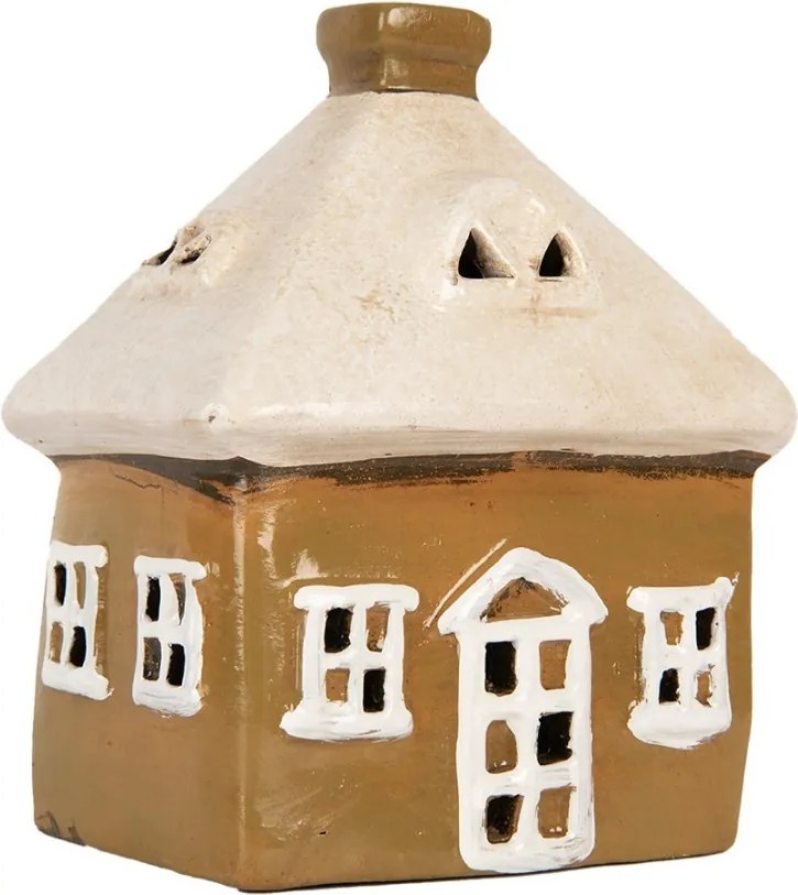 Hnedý keramický svietnik na čajovú sviečku domček Village - 12*9*14 cm