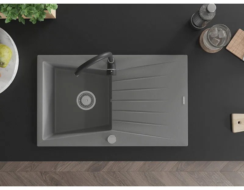 Mexen Cesar, granitový drez 775x470x190 mm, 1-komorový, šedá s chrómovým sifónom a čierna drezová batéria Telma, 6514-71-670200-70