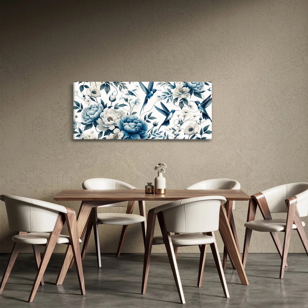 Obraz - Kolibríky s kvetmi (120x50 cm)