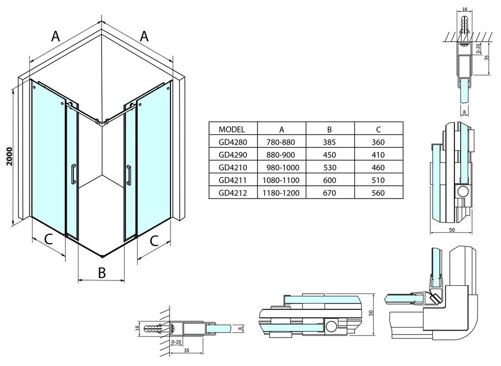Gelco, DRAGON štvorcová sprchová zástena 900x900mm L/P varianta,rohový vstup, GD4290GD4290