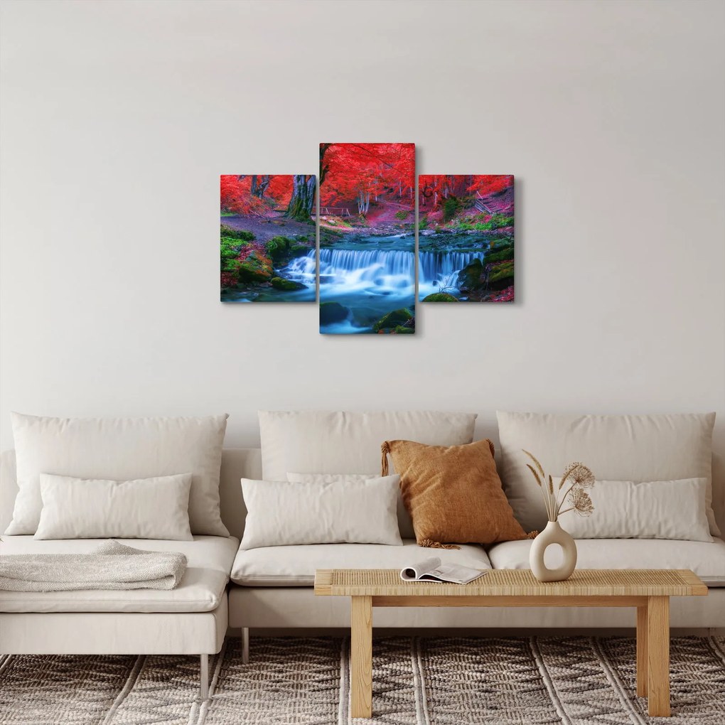 Obraz vodopádu v červenom lese (90x60 cm)