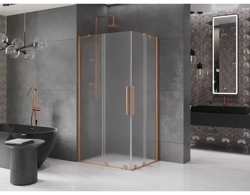 Mexen Velar Duo, sprchový kút s posuvnými dverami 90 x 80 cm, 8mm sklo námraza, medená matná, 871-090-080-32-65