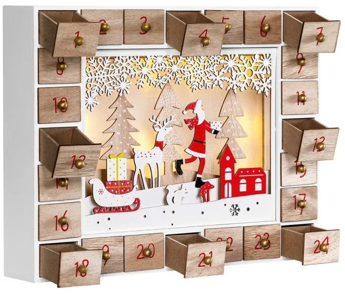 Drevený adventný kalendár SANTA CLAUS s osvetlením, 35x6x27cm, biela/hnedá Spielwerk