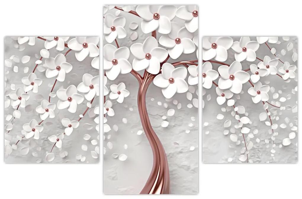 Obraz - Obraz bieleho stromu s kvetinami, rosegold (90x60 cm)