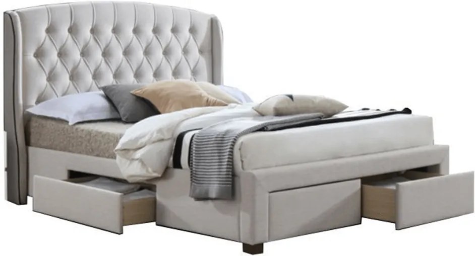 Posteľ s úložným priestorom, krémová látka, 180x200, AKANA