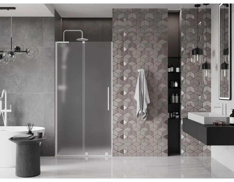 Mexen Velar L, posuvné sprchové dvere do otvoru 90 cm, 8mm sklo námraza, biela matná, 871-090-003-31-20