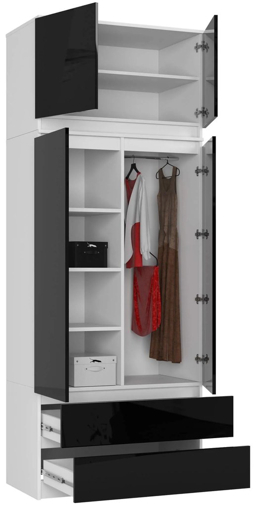 Šatníková skriňa s nadstavcom Star 90 cm biela/čierna lesk