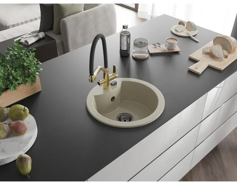 Mexen Diego, 1-komorový granitový drez 488x488x167 mm a drezová batéria Duo, béžová, 6512-69-671701-57-B