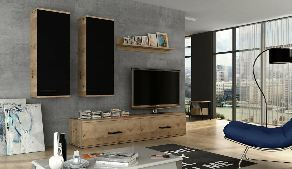 Moderná obývacia stena Frank, dub lancelot / čierny mat