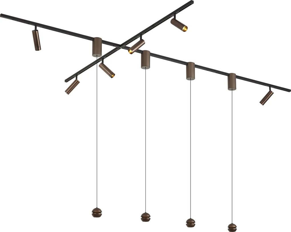 Moderný koľajnicový systém so 6 bodovými svetlami a 4 závesnými svetlami Easylift tmavý bronz 1-fázový - Slimline Uzzy Tira