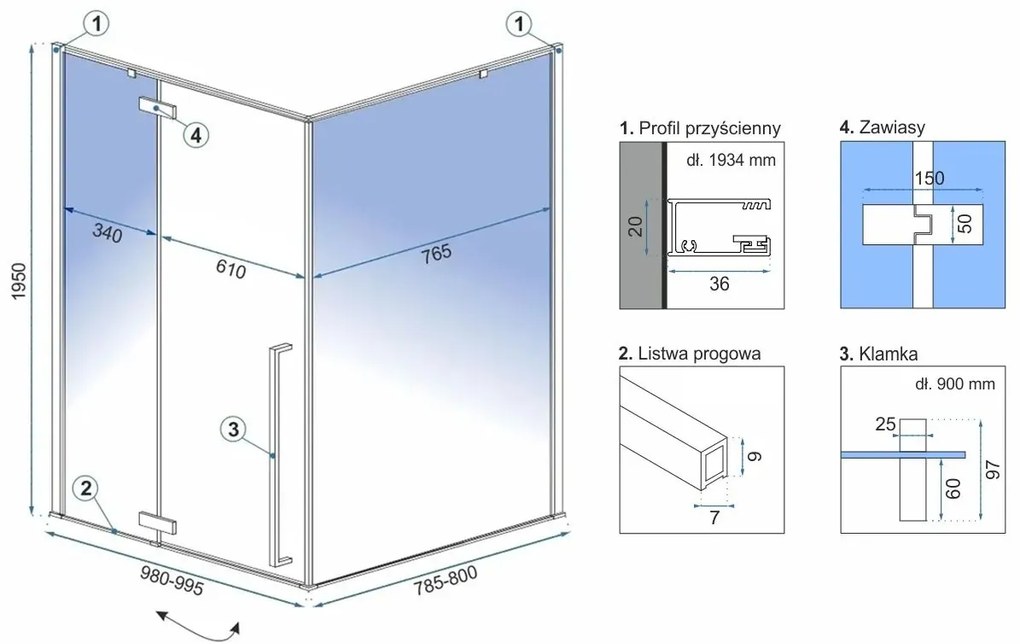 Rea Fargo Gold, sprchový kút s 1-krídlovými dverami 100 (dvere) x 80 (stena) x 195 cm, 6mm číre sklo, zlatý profil + čierna sprchová vanička Savoy, KPL-K4908