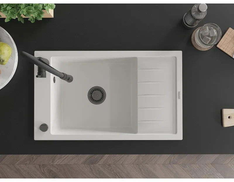 Mexen Elias, 1-komorový granitový drez 795x480x200 mm a drezová batéria Aster, biela, 6511-20-73450-70-B