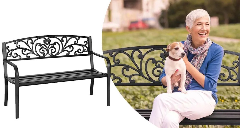 Kovová záhradná lavička, listový motív