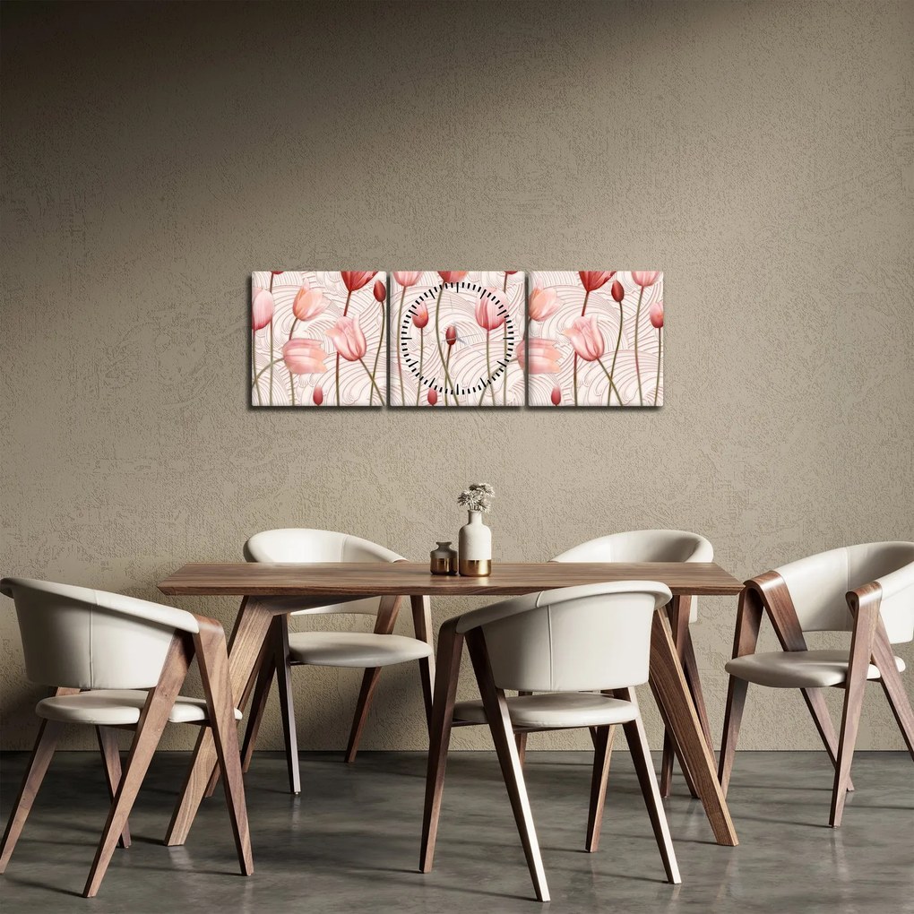 Obraz - Ružové tulipány (s hodinami) (90x30 cm)
