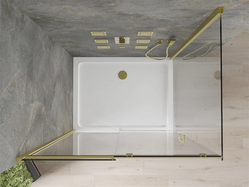 Mexen Omega, sprchovací kút s posuvnými dverami 130 (dvere) x 80 (stena) cm, 8mm číre sklo, zlatý profil + slim sprchová vanička 5cm, 825-130-080-50-00-4010