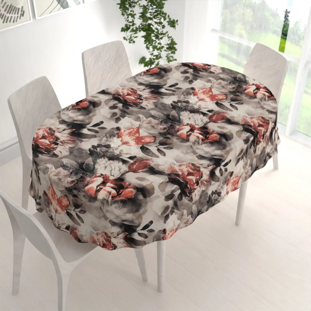 Biante Dekoračný oválny obrus Parma PM-111 Tehlovo červené kvety na dymovo sivohnedom 140x220 cm