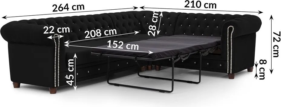 Čierna zamatová rozkladacia rohová pohovka (pravý roh/do L) York Blik – Ropez