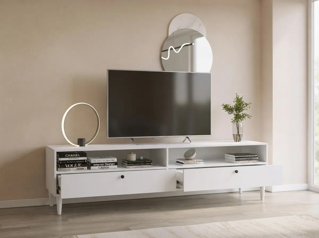 TV stolík s policou a skrinkami DULLUM 200x58cm, biely