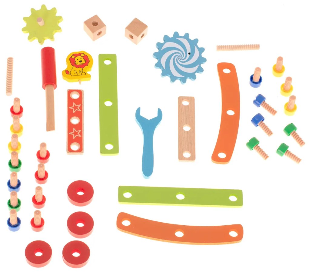 KIK Drevená stavebnica 49 dielov – dielenská stolička, montážna súprava, vzdelávacia hračka 3+