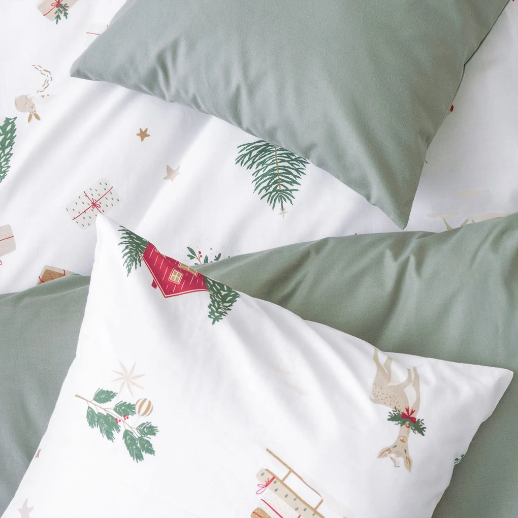 Goldea vianočné bavlnené posteľné obliečky duo - tradičné vianoce so šalviovo zelenou 240 x 220 a 2ks 70 x 90 cm