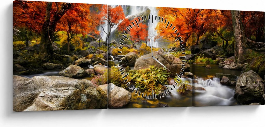 Obraz - Vodopády v jesennej krajine, oranžový (s hodinami) (90x30 cm)