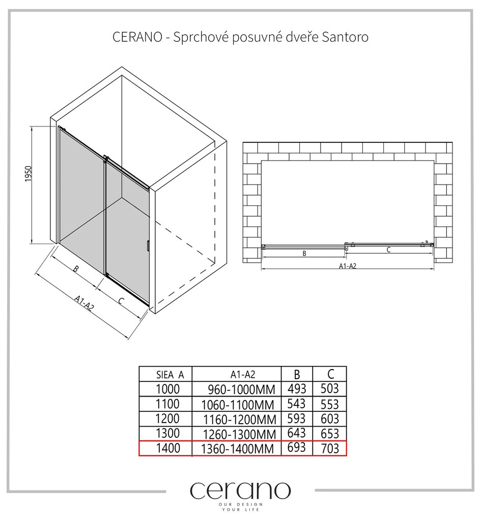 Cerano Santoro, sprchové posuvné dvere 140x195 cm, 6mm číre sklo, chrómový profil, CER-CER-424942
