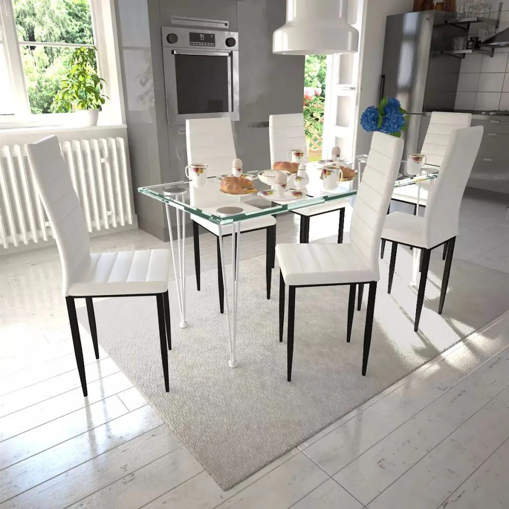 vidaXL Kuchynský set, 6 bielych stoličiek s úzkymi líniami + 1 sklenený stôl