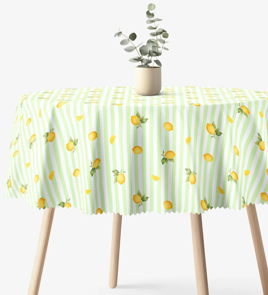 Goldea okrúhly teflónový obrus - zelené prúžky s citrónmi Ø 100 cm