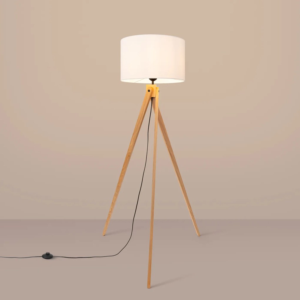 Stojacia lampa Natt, 1x biele textilné tienidlo, drevo