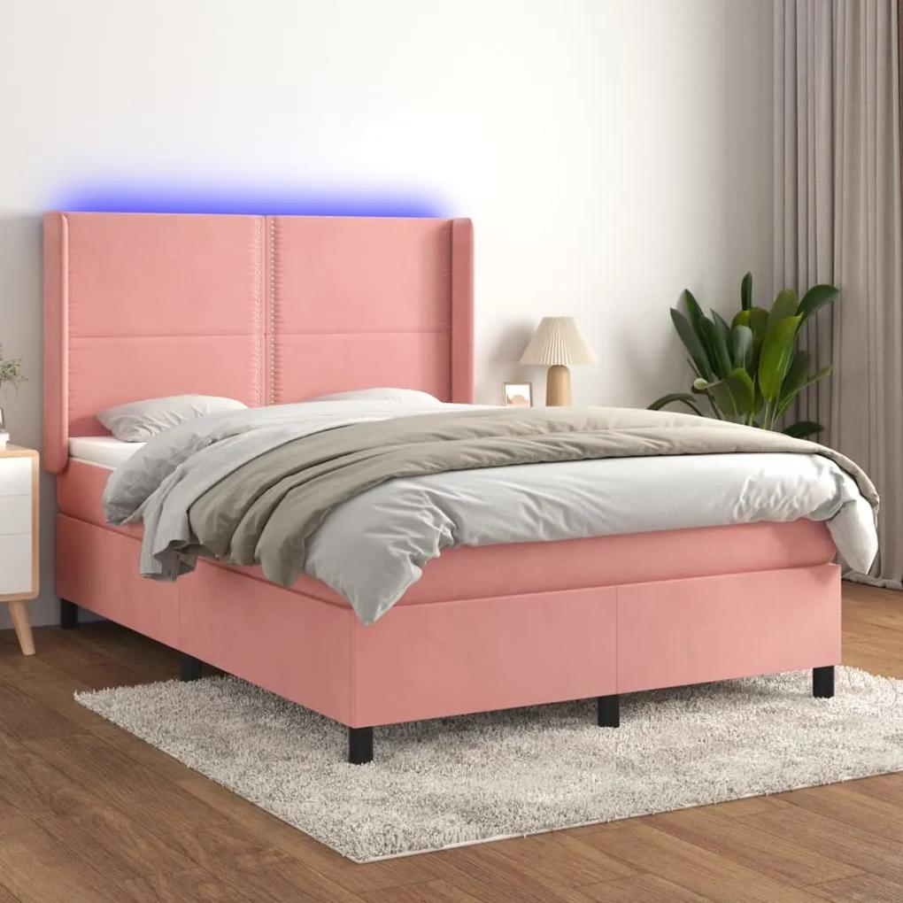 Posteľný rám boxsping s matracom a LED ružový 140x190 cm zamat 3139504