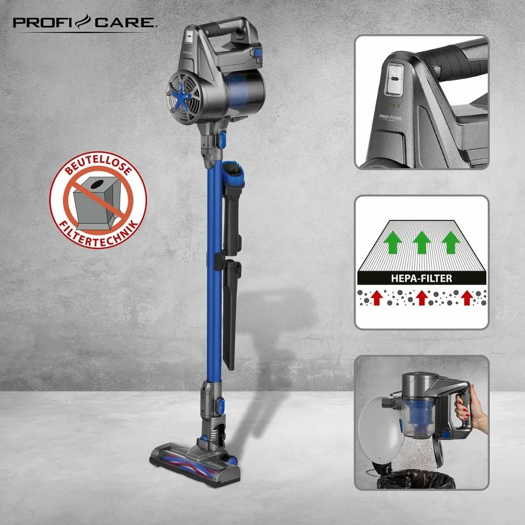 Bezdrôtový tyčový vysávač ProfiCare BS 3036, modrý