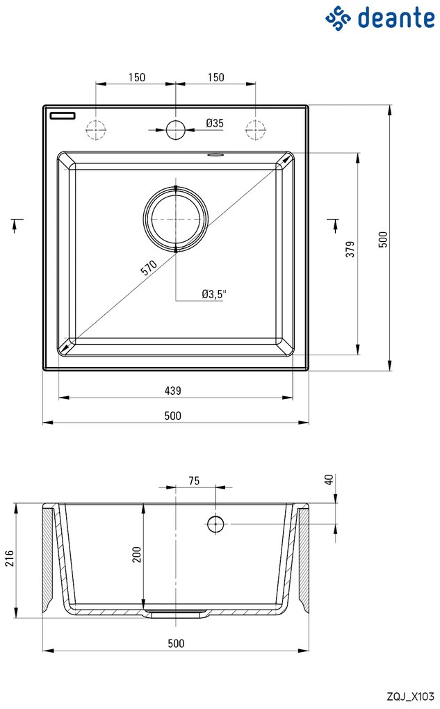 Deante Evora, 1-komorový granitový drez 500x500x216 mm + drezová batéria s elastickým ramenom, čierna, DEA-ZQJNN103