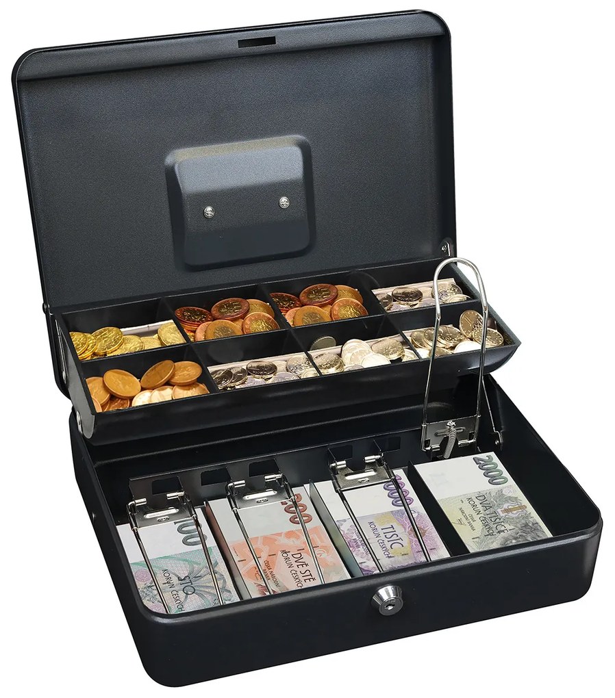 Oceľová pokladnička na koruny TS.015.CZK.FIX čierna, 9,5 x 31 x 25,5 cm